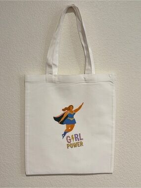 Handmade Canvas Tote Bag with Girl Power Graphic - White